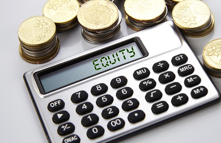 few stacks of coins and calculator with text on screen equity