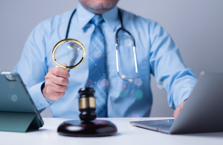 medical professional examines documents with a magnifying glass