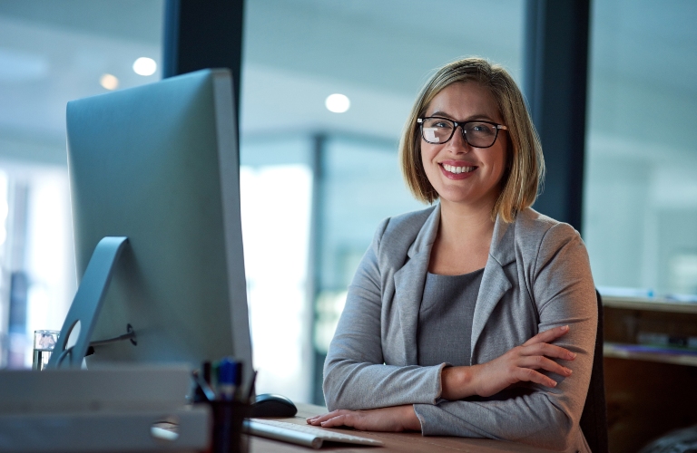 Professional, lawyer or woman in portrait with computer